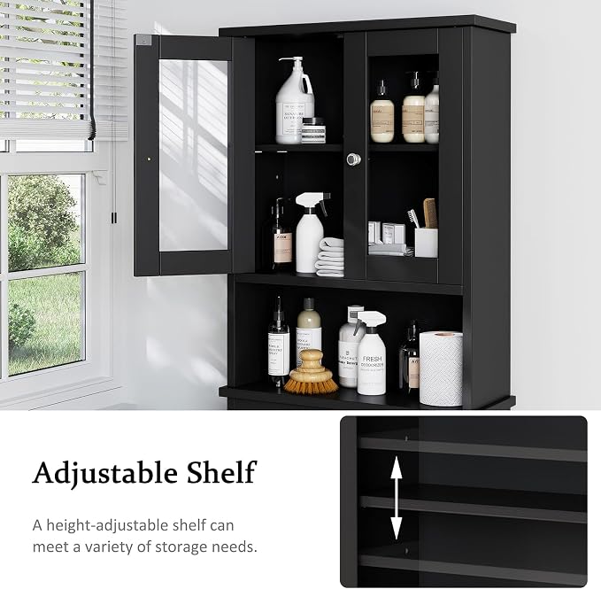 Over The Toilet Storage Cabinet for Bathroom, Storage Organizer Over Toilet with Glass Doors, Space Saver for Living Room, Black
