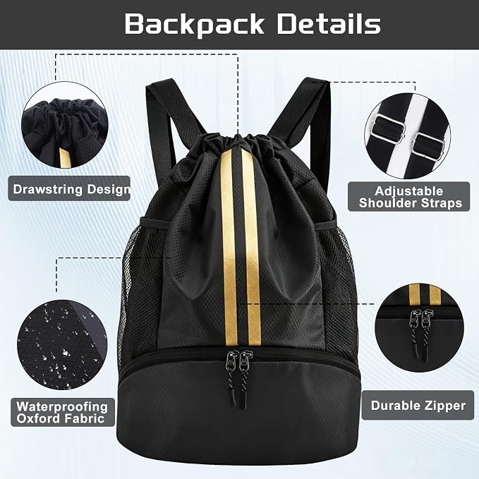 Black Gold Sports Drawstring Backpack with Shoes Compartment, String Gym Bag with Wet Proof Pocket for Basketball, Soccer, Swim, Sport Bag for Men and Women