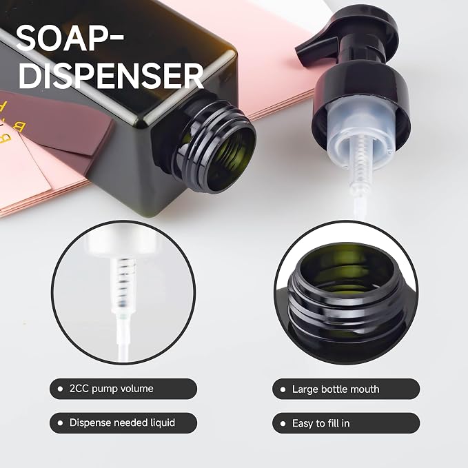 15OZ Foaming Soap Dispenser, 2-Pack Plastic Hand Soap Dispenser, Refillable Leakproof Foam Pump Bottle with Waterproof Labels, for Shampoo, Body Wash