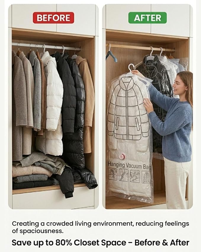 5 Pack Hanging Vacuum Storage Bags, Sealer Bags for Clothing Compression Suits and Jackets Travel and Home Organization Reusable Space Saver Three Sizes Large Medium and Small
