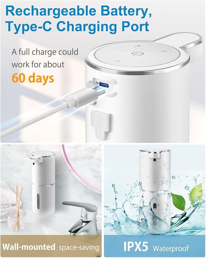 Automatic Foaming Soap Dispenser, 4-Level Adjustable Foam, Wall Mount, USB Rechargeable, 12.8oz/380ml, Touchless Hand & Dish Soap Dispenser for Bathroom, Kitchen, Hotel, Restaurant
