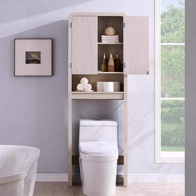 Over the Toilet Storage Cabinet, 69.69" Curved Bathroom Storage Organizer Cabinet with Doors and Adjustable Shelves, Wooden Free Standing Toilet Space Saver Rack, Cream