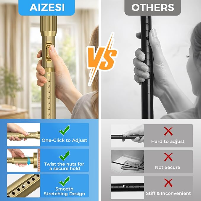 AIZESI 41-100 Inch Heavy Duty Gold Tension Curtain Rod - No Drilling, Adjustable, Rust-Proof for Outdoor, Living Room, Bathroom