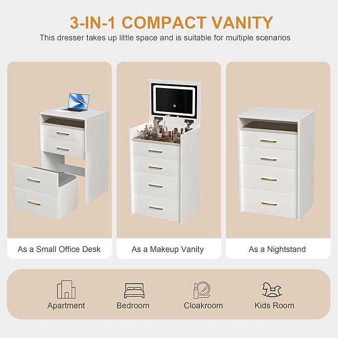 3 in 1 Vanity Desk with Mirror and Lights,Small Make Up Vanity Set with Visible Glass Desktop,Compact Makeup Vanity with 3 Drawers & Chair, Dressing Table for Bedroom