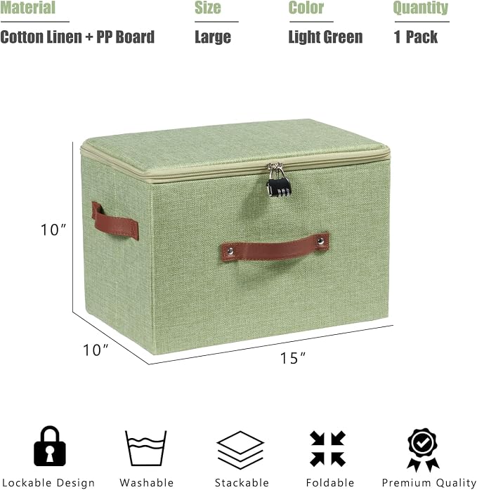 Storage Bins Boxes with Zipper Lid Combination Lock PU Leather Handles Cotton Linen Fabric Lidded Lockable Baskets Foldable Washable Closet Shelf Organizer Container (Light Green, Large)
