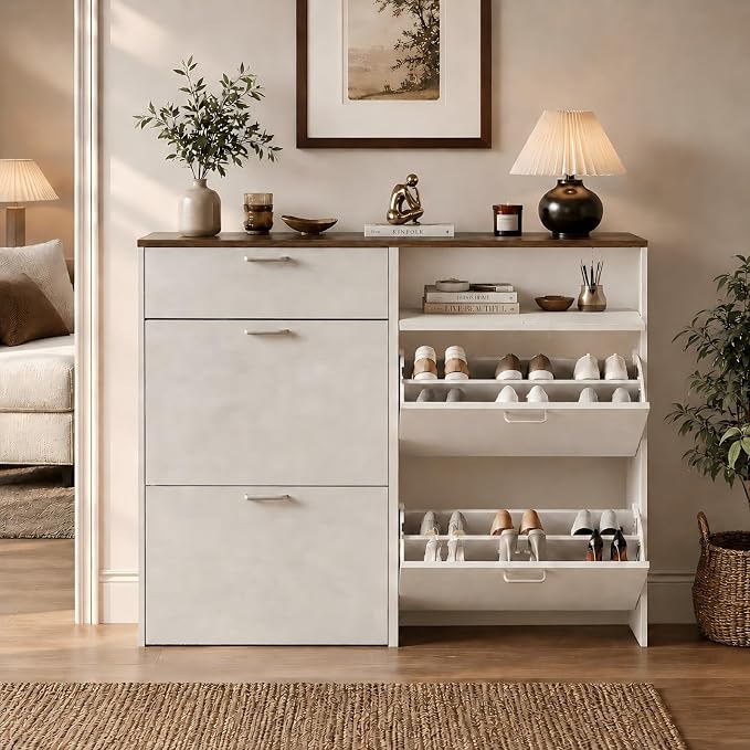 VINGLI Shoe Cabinet Storage for Entryway Ultra Slim with 2 Flip &1Drop-Down Drawers, 24.8" W Narrow Shoe Cabinet for Front Door Entrance,Freestanding Rustic White Wood Shoes Organizer for Hallway
