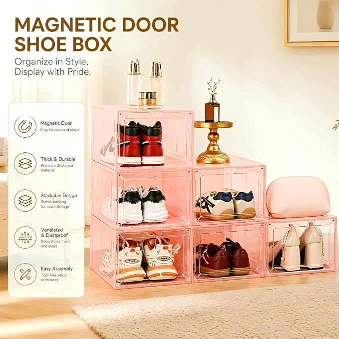 Translucent Pink Shoe Storage Boxes, 2026 2nd Gen Thickened Hard Plastic Stackable Organizer with Magnetic Door, Folding Shoe Racks for Closet, Decorative Sneaker Display Cases, 6 Pack