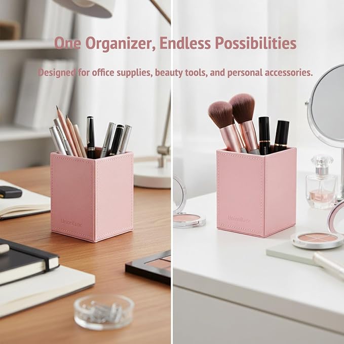 UnionBasic Square Pen Holder, Leather Pencil Cup, Desktop Caddy Stationery Organizer, Taiga Pattern Leather, Pink