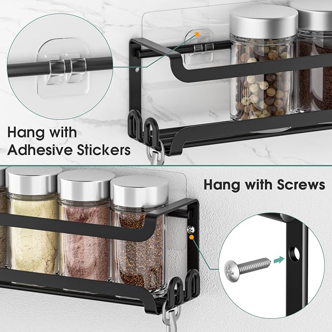 LUCYCAZ 2 Pack Wall Mounted Spice Rack for Spice Jars & Seasonings (Black) | 8 Metal Hooks, Space-Saving,Screw or Adhesive Spice Shelf Hanging,for Kitchen Cabinet,Pantry Door,RV,Camper Spice Orgnaizer