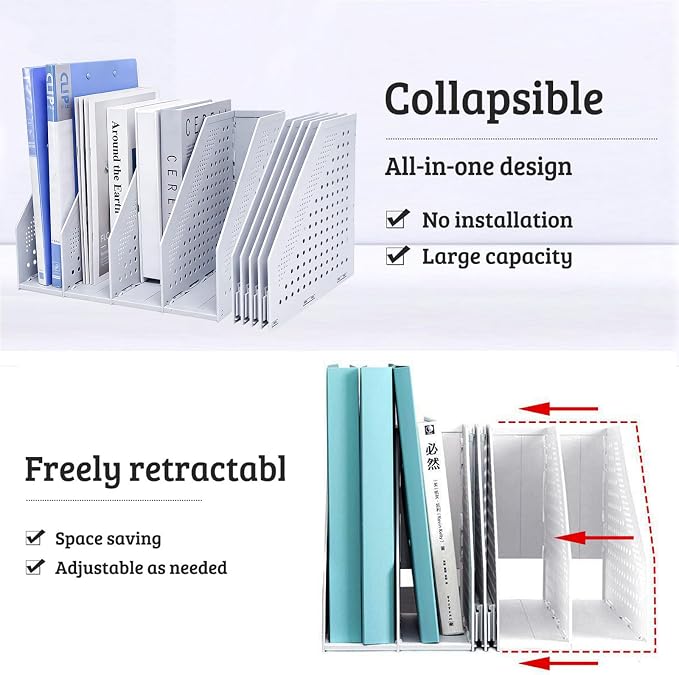 Marte Vanci Collapsible Magazine File Holder with 4 Vertical Compartments, Binder Holder for Desk, Desktop Binder Organizer for Notebook, Documents, Book, School Office Supplies(Light Gray)