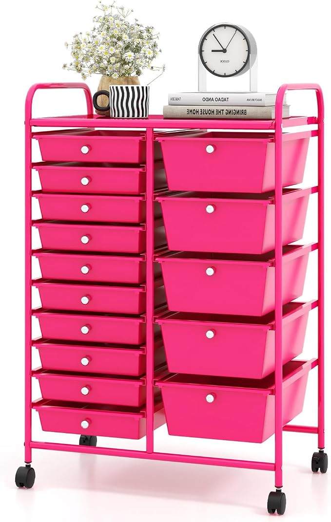 DREAMADE Rolling Cart with 15 Drawers, Rolling Drawer Organizer Cart w/Lockable Wheels, Removable & 2-Sized Storage Drawers, Art Cart for School Home Art Supplies Crafts File Scrapbook