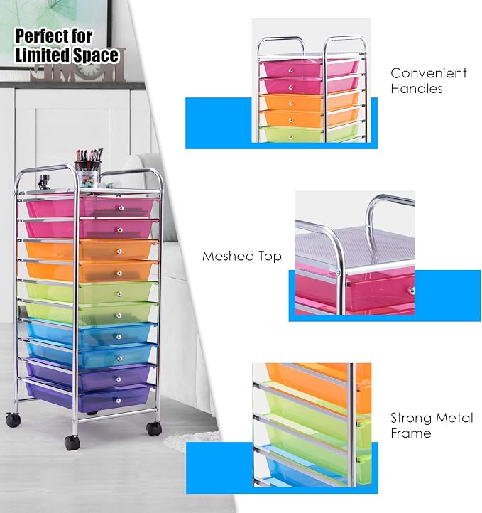 Happygrill 10-Drawer Storage Cart, Utility Cart with Removable Drawers & Metal Frame, Rolling Storage Cart with Lockable Wheels for Home, Office, Rainbow