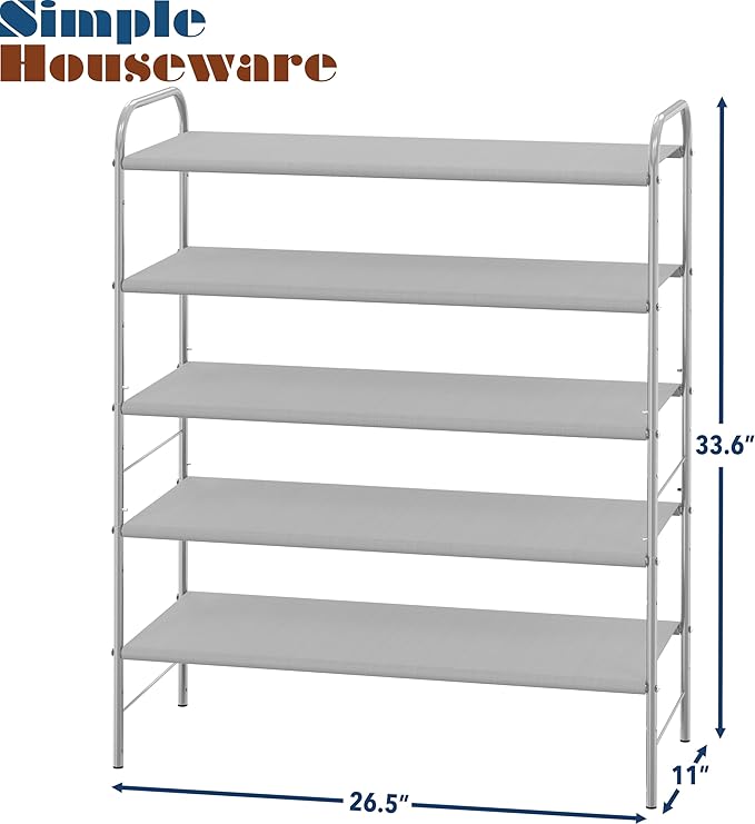 Simple Houseware 5-Tier Shoe Rack Storage Organizer, 15-24 Pairs, Grey | Space-Saving Shoe Shelf with Sturdy Metal Frame and Non-Woven Fabric Shelves for Entryway, Garage & Corridor