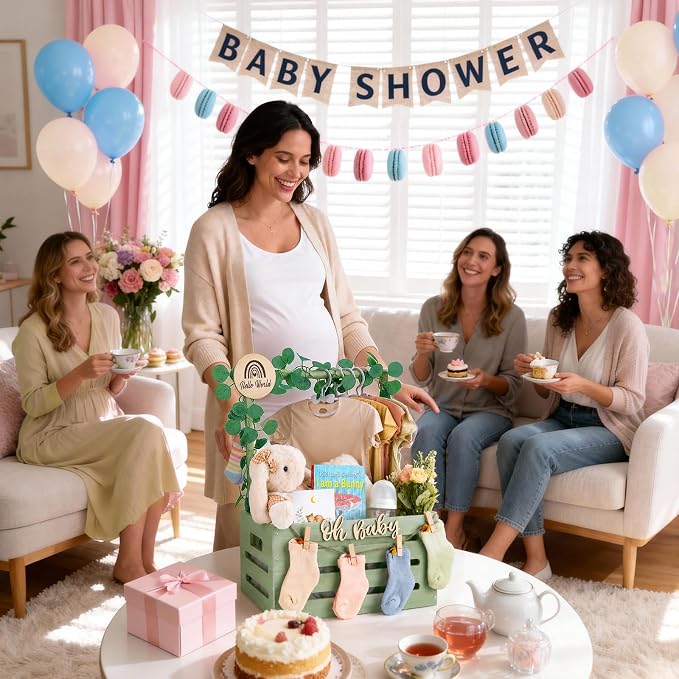 Wooden Baby Shower Crate Closet - Personalized Baby Gift Baskets with Hangers, Large Sage Green Newborn Shower Crate Box for New Mom Boys Girls