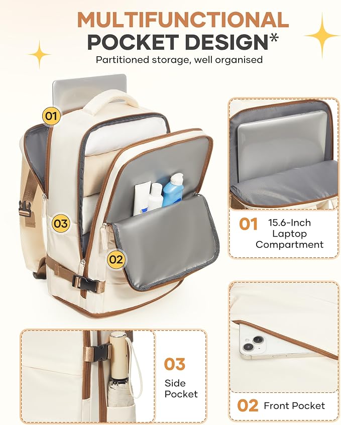 coofay Large Travel Backpack Carry on Flight Approved Mochila De Viaje Personal Item Travel Bag Backpacks for Men Women Carry on Backpack for Airplanes 18x14x8 Inches Travel Bag Beige with Brown