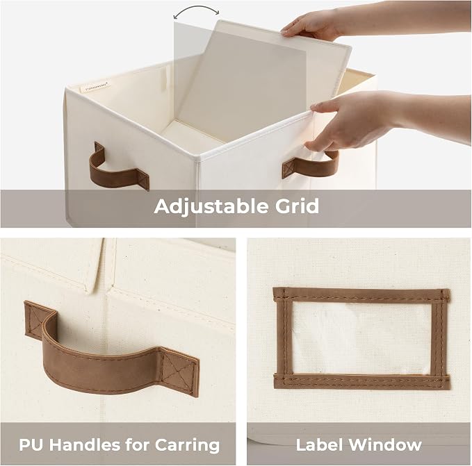 StorageWorks Large Clothes Storage Bins, Fabric Boxes with Divider Board, Baskets for Clothes, Linen Closet Organizers with Lid, Ivory White, 2-Pack