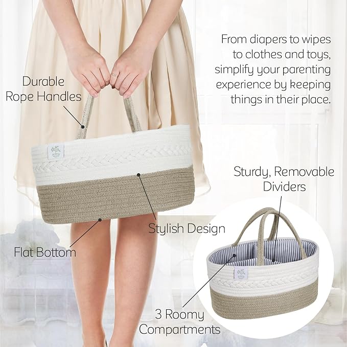 KiddyCare Baby Diaper Caddy Organizer, Cotton Nursery Baby Gift Basket with Handle Lid Baby Caddy Organizer, Portable Baby Basket Diapers & Wipes, Basket for Moms, Wheat Field - Large