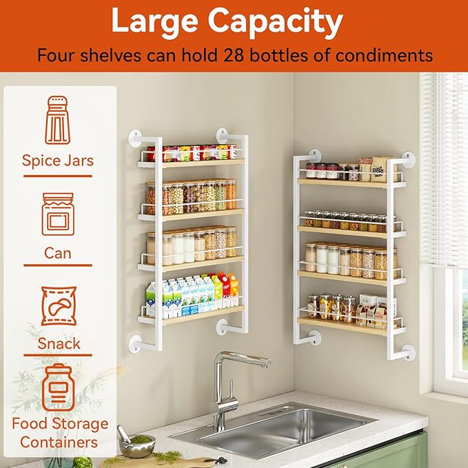 IBUYKE 4 Tier Spice Rack Wall Mount for Kitchen,Natural TLJ016R | Hanging Seasoning Organizer,Large Spice Rack for Wall Spice Organization for Kitchen Cabinet Bathroom Pantry Living Room
