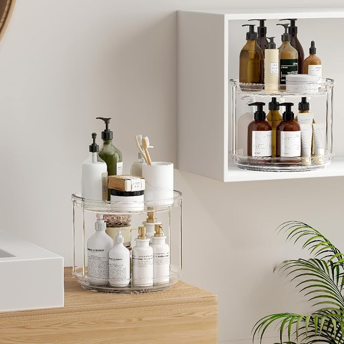 360° Rotating Makeup Organizer 2 Pack 2 Tier 10.6" Clear Lazy Susan Turntable Skincare Perfume Organizer Bathroom Countertop Vanity Tray Space-Saving Cosmetic Storage for Dresser