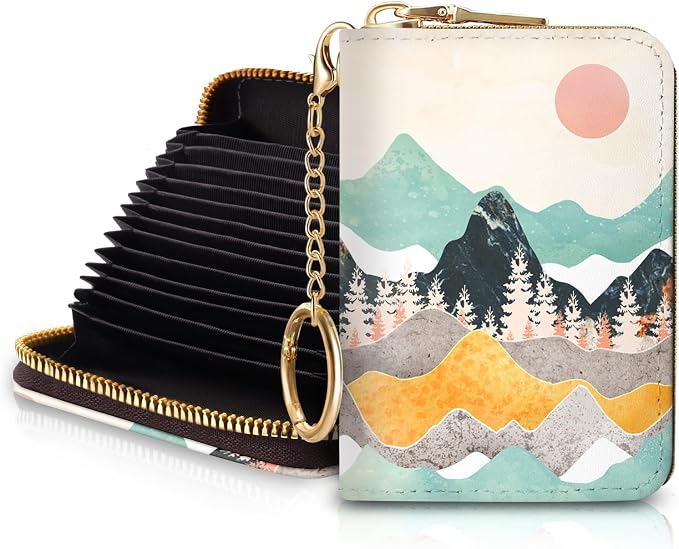 Blusabaca RFID Credit Card Holder Small Women Travel Wallet, Sunrise | Sunset Mountain, Removable Keychain, Case Zipper, PU Leather, Cash Coin Pocket, Business Accordion Purse, Ladies Female Gift
