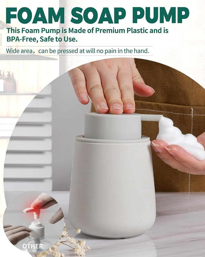 Bosilunlife 12Oz Ceramic Foam Soap Dispenser for Bathroom Kitchen Counter | Premium countertop foam pump creates delicate dense foam, stable desktop placement, Matte Light Grey