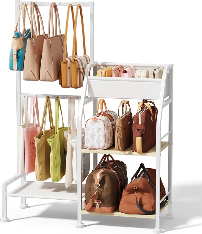 Homsorout Purse Organizer for Women - 3-Tier Storage Stand & 12 Fixed Hooks, Visible Backpack Storage, Space-Saving Bag Organizer Rack for Home, Closet, White