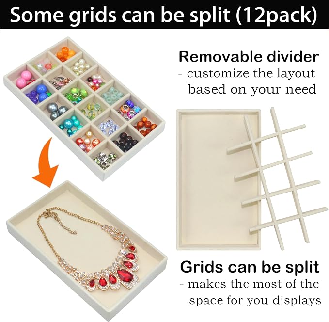12 Pack Different Jewelry Organizer Trays for Drawer Stackable Adjustable Velvet Jewelry Box Tray Earring Holder Organizer