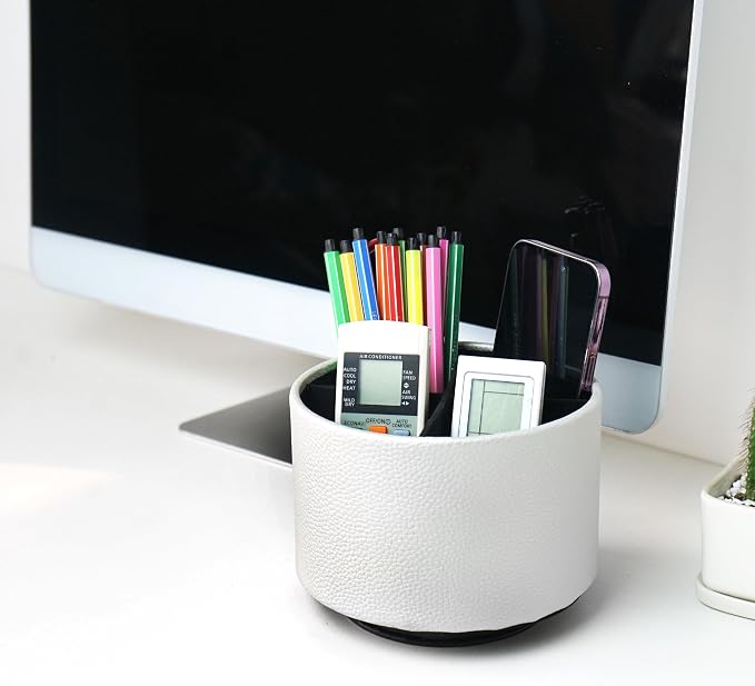 Round Leather Art Supply Organizer,Remote Control Holder,360 Degree Spinning,Multi-Functional Pencil Holder,4 Compartments Desktop Stationary Organizer(1-Lichee Silver)