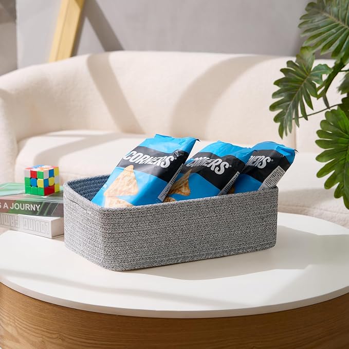 MiniArk Large Shallow Organizing Baskets 15x11x5.1 Inches - Rope Woven Storage Bins for Bathroom, Shelves, Cube Closet, Mixed Grey 3 Packs