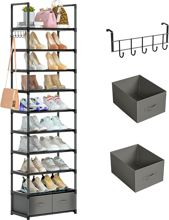 OYREL Tall Shoe Rack Narrow 10 Tier Shoes Rack 20 25 Pairs + 2 Boxes 1 Hook | Shoe Storage Organizer for Closet, Entryway, Living Room,Sturdy Metal Shoe Shelf Shoe Stand Closet Organizers and Storage