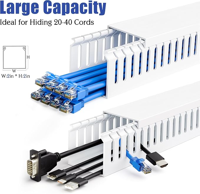 2" H x 2" W Cable Raceway, 99in Under Desk Wire Management Channel, White | Slotted Wire Duct, 6Pack, 16.5in Each, Heavy-Duty PVC Cable Management for Server Racks, Network Cables & Electrical Cabinets