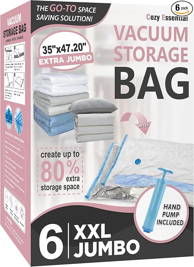 Cozy Essential Vacuum Storage Bags, 80% Compression Vacuum Seal Space Saver Plastic Packaging Bags for Clothes, Blankets, Pillow, Bedding, Comforters, Sealer Clothing Storage,6 XXL Jumbo