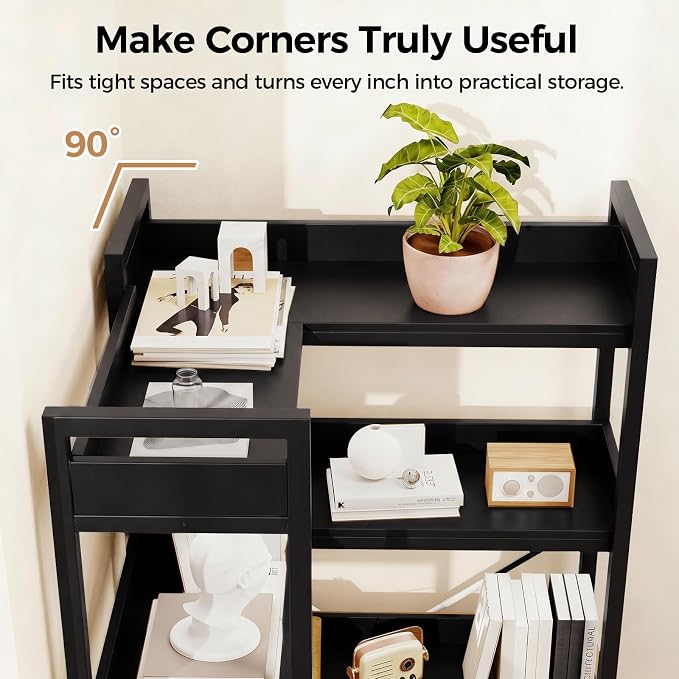 GTPLAYER 5-Tier Corner Bookshelf, L-Shaped Metal Frame Shelf with Tall 14" Shelves, Plant Stand and Storage Rack for Small Spaces, Living Room and Home Office, Black