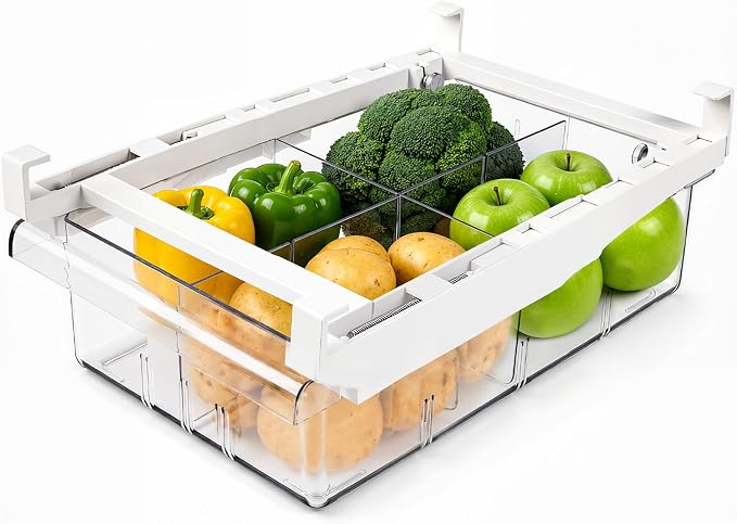 Fridge Drawer Organizer Pull-Out Under Shelf Bin, Adjustable Dividers | BPA-Free Clear Space-Saving Storage