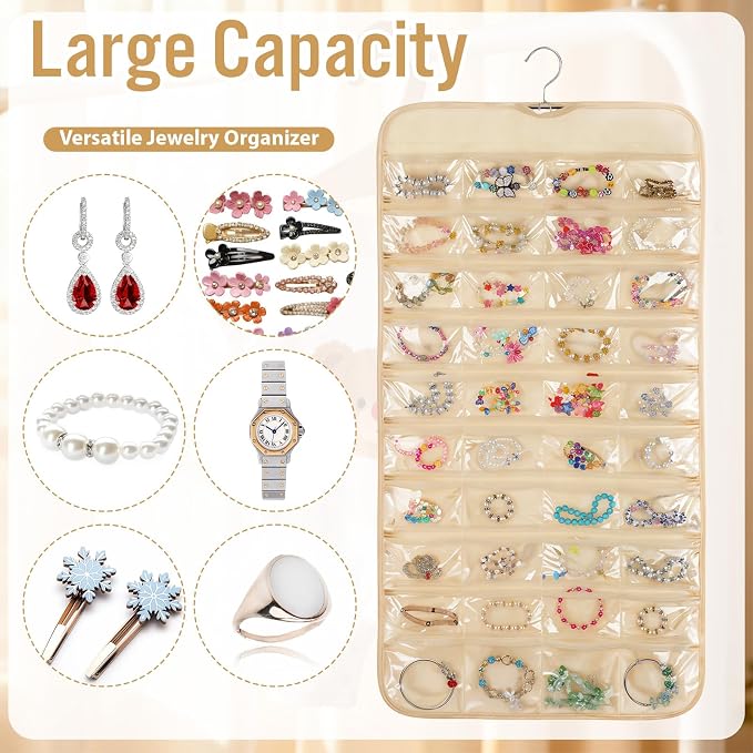 4 Pcs Hanging Jewelry Organizer with 80 Pockets | Dual-Sided Jewelry Holder Hanging Storage Organizer Hanger Closet for Bracelet Necklace Ring Earring Accessories, Beige