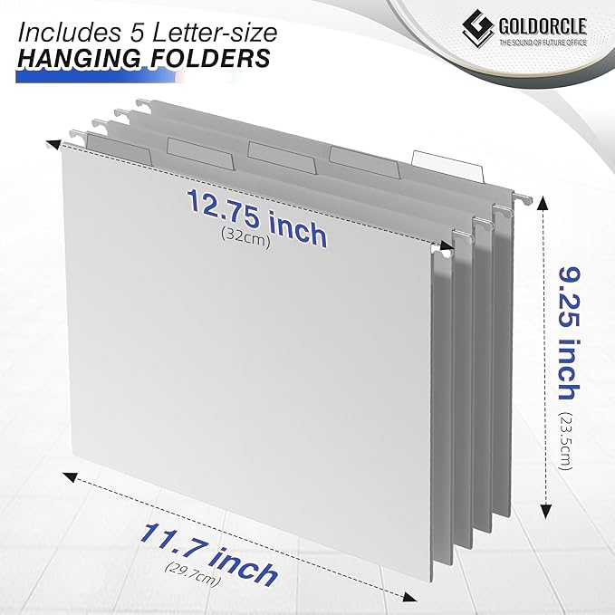 Hanging File Organizer, Letter-Size File Holder Filing Box with 5 Hanging Folders, Metal Mesh Desk File Folder Storage(No Assembly Required) (Blue, with 5 Grey Folders)