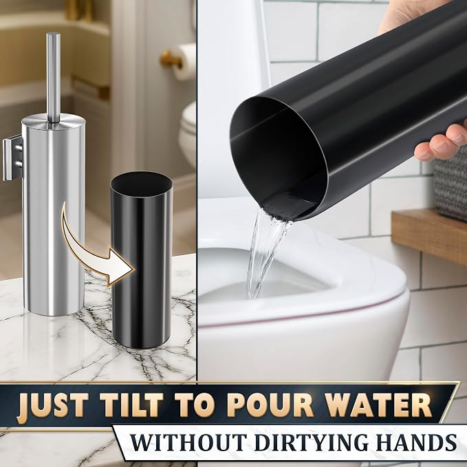 Wall Mounted Toilet Brush and Holder Set, Stainless Steel (Silver) | Stainless Steel Toilet Brush and Holder Set, Removable Inner Bowl, Dense Bristles, Rustproof, for Modern Bathroom Walls