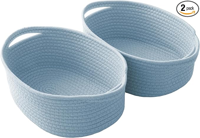 JMvicyroam Woven Basket,Small Rope Storage Bin with Handles & Ribbon Bag, Organizer for Shelves Closets,Gift Basket Empty for Birthday,Books,Dog Toys, Blue/2 Pack