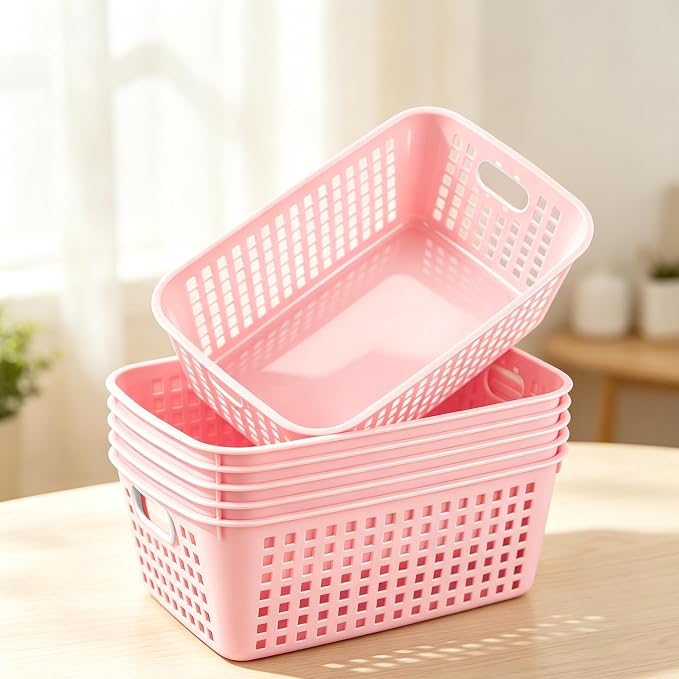 6 Pack Plastic Classroom Storage Baskets, Organizer Bins with Handle | Pink Color 11" × 7.1" × 4.6" Medium Papers Book Storage Organizer for School Classroom Library Office Home Desktop Bookshelf
