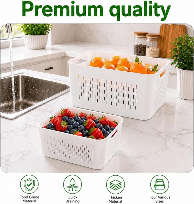 UFORU 4 Pack Fruit Storage Containers, Airtight Produce Saver for Fridge | Airtight refrigerator storage containers with removable colander and stackable design for berries, fruits and vegetables