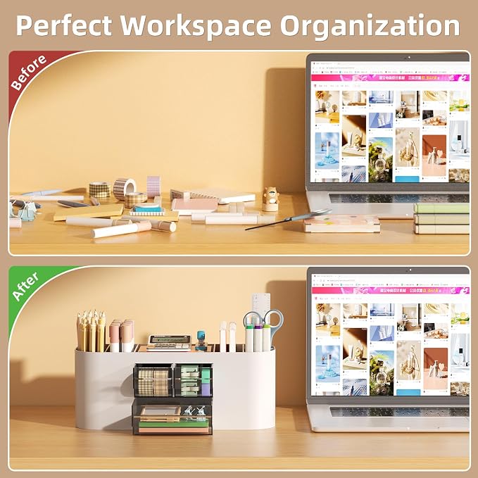 Marbrasse Desk Organizer Pen Holder for Desk with 3 Drawers, Multi-Functional Pencil Holder, Desk Organizers and Accessories with 7 Compartments for Home, School, Classroom(Grey)
