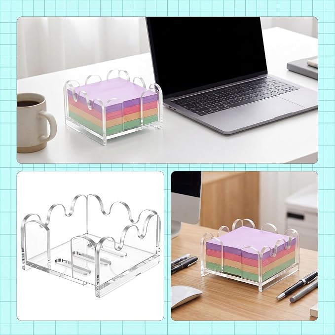 Scalloped Acrylic Sticky Note Holder 3x3 Inch, Cute Wave Design Note Dispenser Clear Thick Desktop Memo Pad Organizer for Aesthetic Dorm Room, Home Office, Teacher Desk Decor Supplies