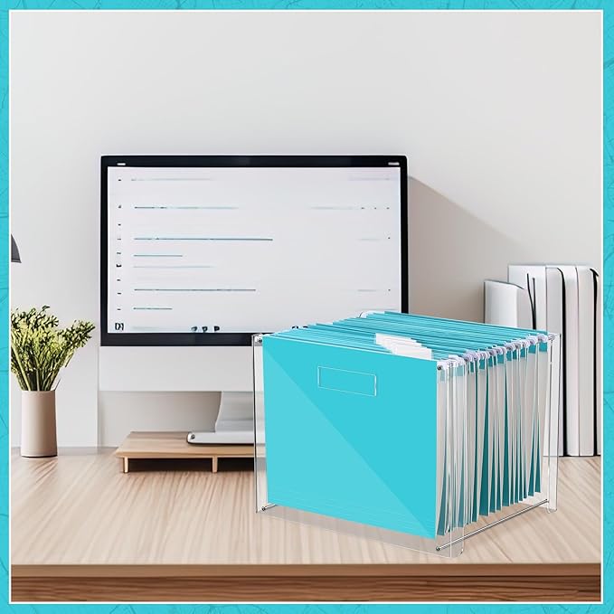 Dispowreath 24 Hanging File Folder with Acrylic Organizer for Letter/a4 Size Desktop Clear File Storage Box with Handles for Home Work Office Use(Blue,Classic)