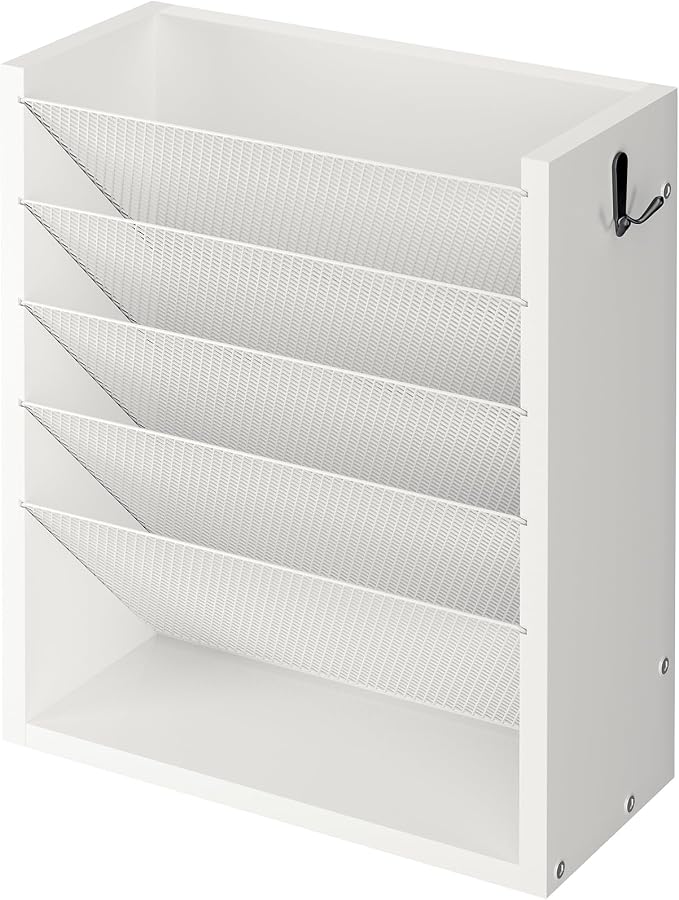 Creso hom Mail Organizer Wall Mounted, Mail Sorter with 2 Key Hooks, 6-Slot File Organizer for Wall or Desk, Wood Letter Holder Envelopes Bills Accessories for Home Office, White