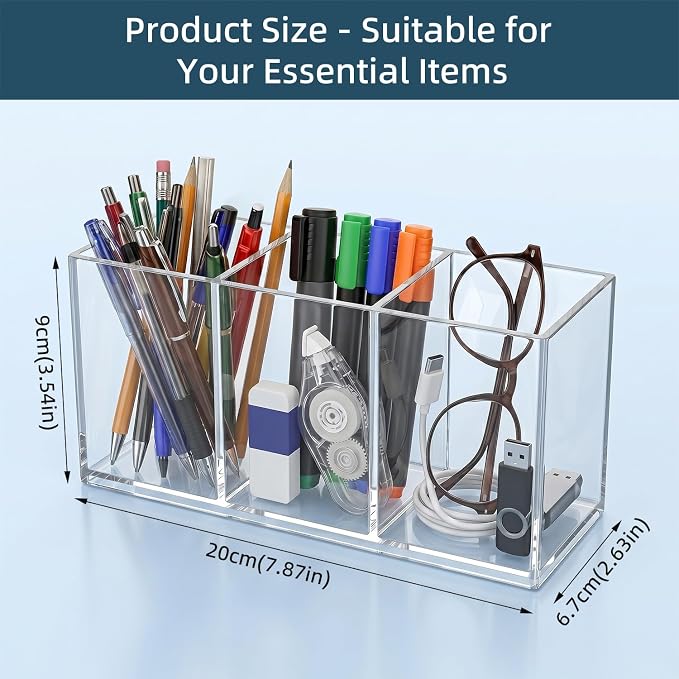 Clear Acrylic Pencil Holder, 3 Compartment Cup Pen Holder for Desk | Desk Organizer for Office School, Makeup Brush Holder for Girls