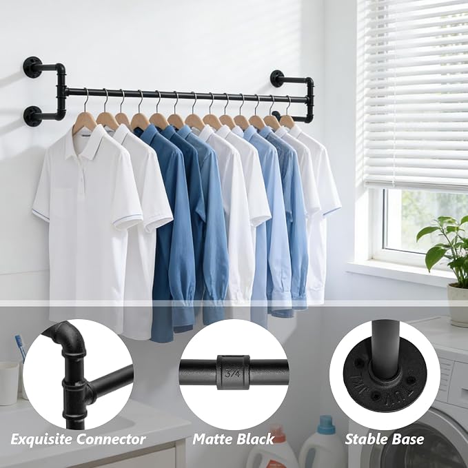 Industrial Pipe Clothing Rack, 53.1 Inch Wall Mounted Clothes Rack, Space-Saving Detachable Heavy Duty Garment Rack for Hanging Clothes, Closet Rod for Laundry Room, 4 Base