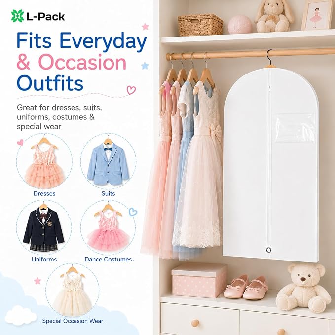 Kids Garment Bag with Clear Window, Hanging Clothes Storage Cover for Dresses, Suits & Dance Costumes, Breathable Travel Bag for Baby Toddler Child, 30" x 18", White, Pack of 1