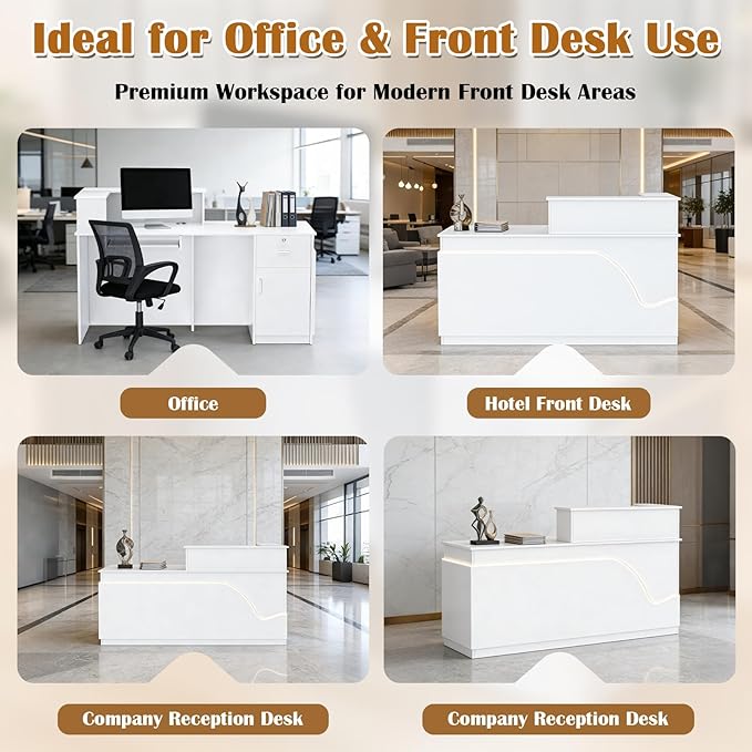 L-Shaped Reception Desk, Modern White High Gloss Front Desk with LED Lights, Lockable Drawer & Storage Cabinet, Keyboard Tray & Cable Management for Office, Beauty Salon & Retail Store