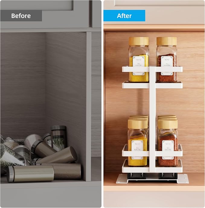 Pull Out Spice Rack 4Pcs Metal & Wood Seasoning Organizer White | No-Drill Install | Full-Extension Silent Glide | Each Tier Holds 10–12 Standard Spice Bottles | Rustproof, Wipe-Clean Surface