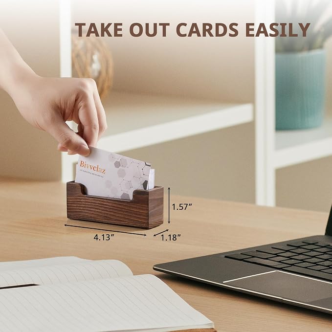 Bivvclaz Business Card Holder Desk, Burnt Wood Business Card Organizer Desktop Business Card Display Stand for Office Tabletop Exhibition, Small Business Essentials